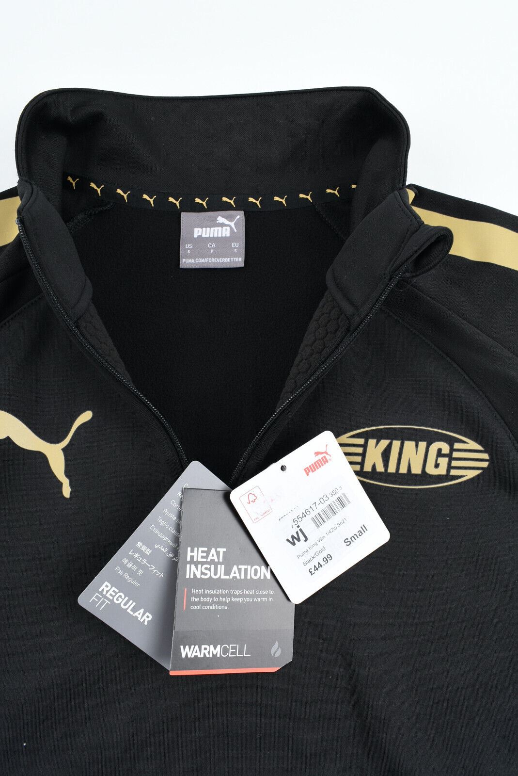 PUMA Men's KING WarmCell 1/2 Zip Sweatshirt, Black/Gold, size SMALL