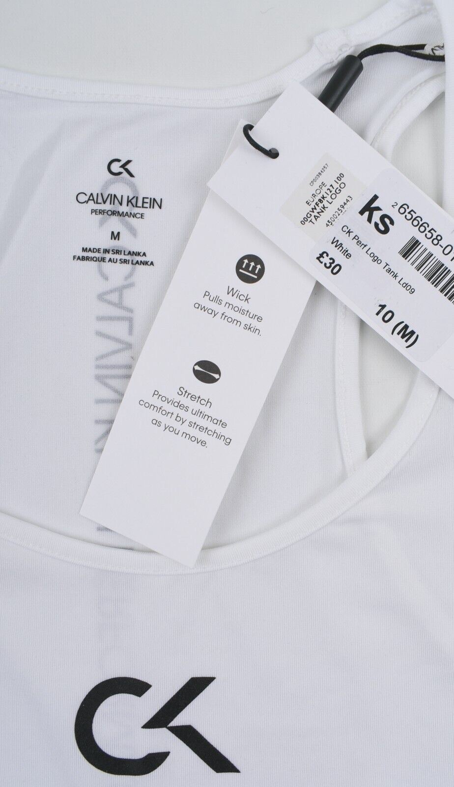 CALVIN KLEIN Performance Womens Logo Tank Top White size M/UK 10