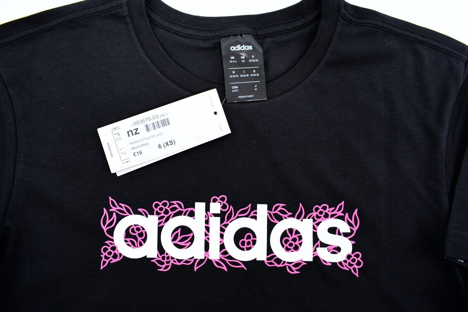 ADIDAS Women's Linear Floral Logo Crew Neck T-shirt, Black, size XS /UK 4-6