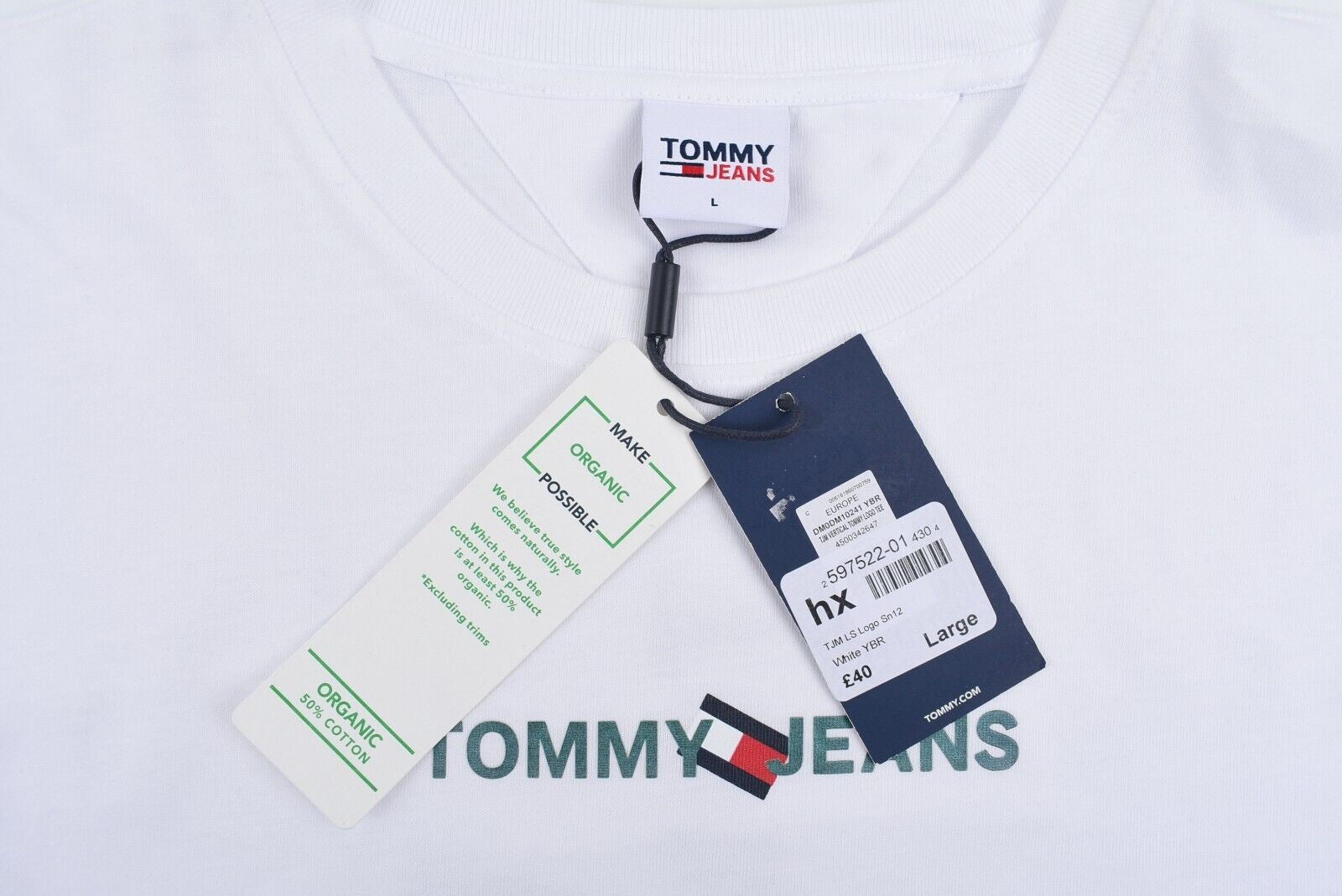 TOMMY HILFIGER Men's Long Sleeve Front & Back Logo T-shirt, White, size LARGE