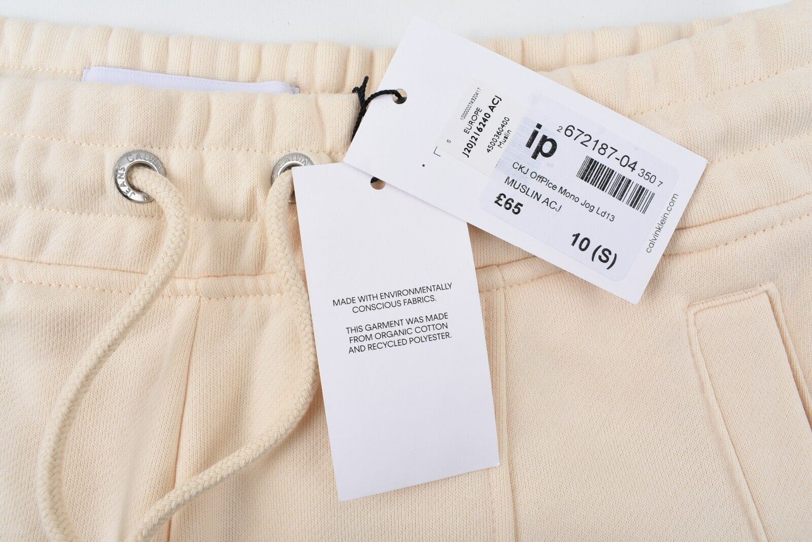 CALVIN KLEIN Women's Joggers, Organic Cotton Blend, Cream Colour, size S (UK 10)