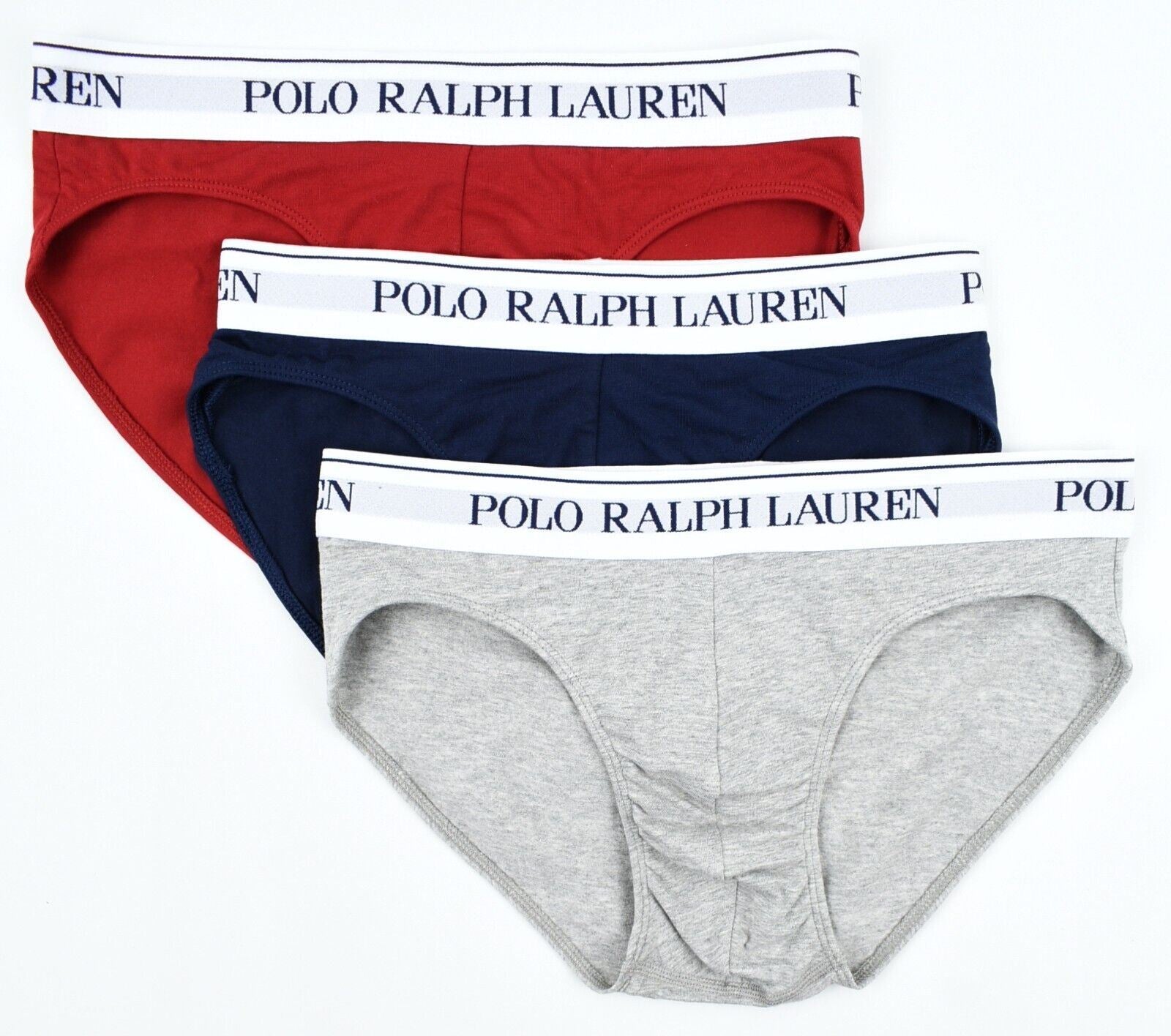 POLO RALPH LAUREN Men's 3-pk Low Rise Briefs, Grey/Red/Navy, size SMALL