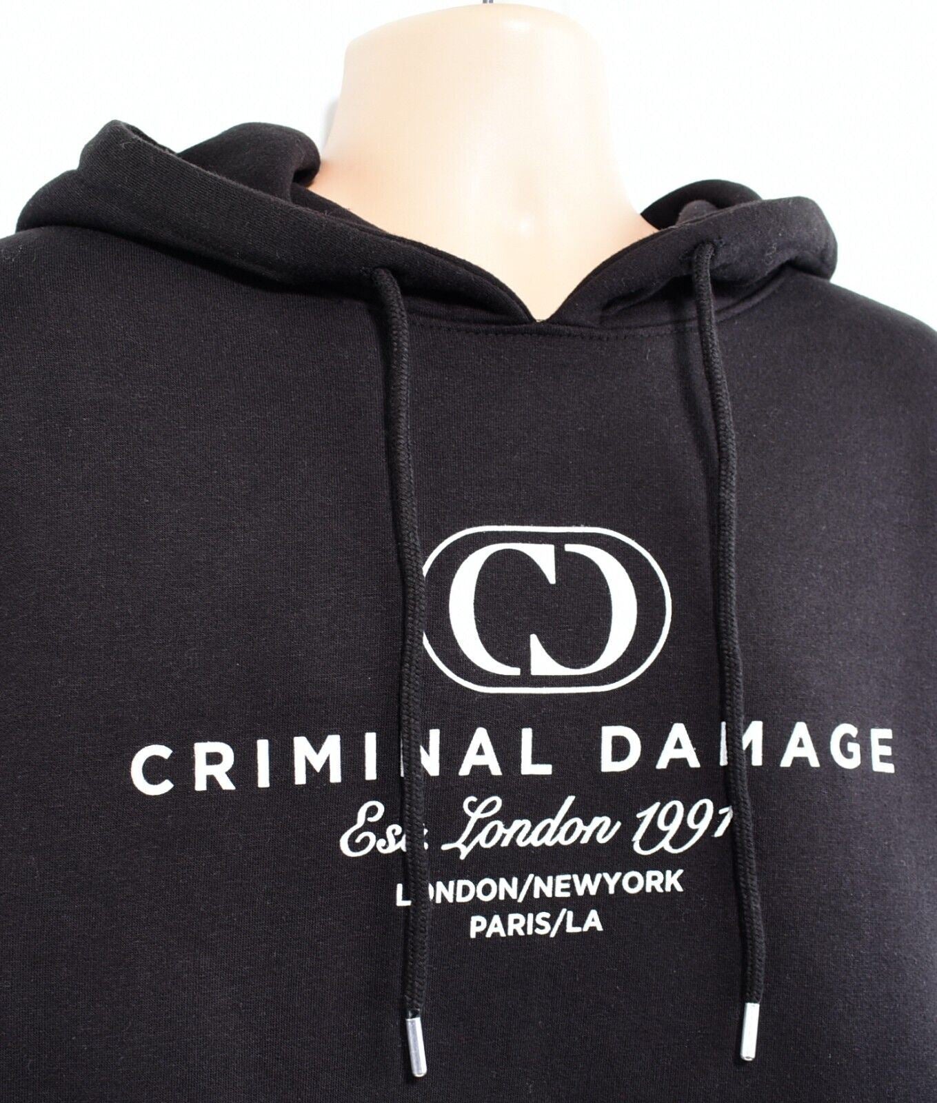 CRIMINAL DAMAGE Men's CAMDEN Hoodie Sweatshirt, Black with White Logo, size XL