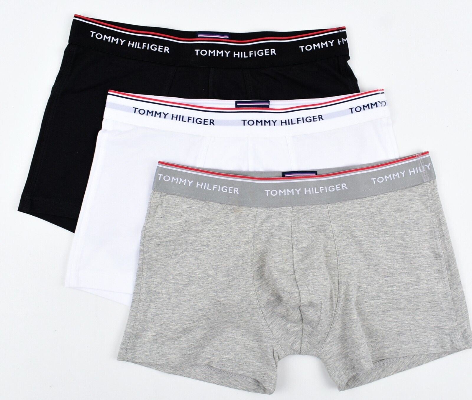 TOMMY HILFIGER Men's 3-pk Boxer Trunks, Black/Grey/White, size S *damaged box*