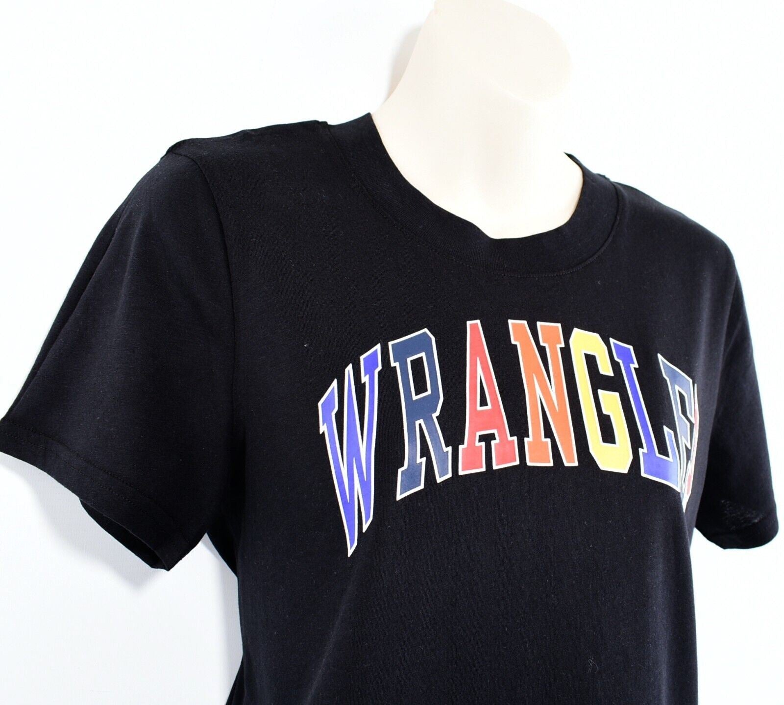 WRANGLER Women's Crew Neck T-shirt, Black/with Multicoloured Logo, size XS /UK 8