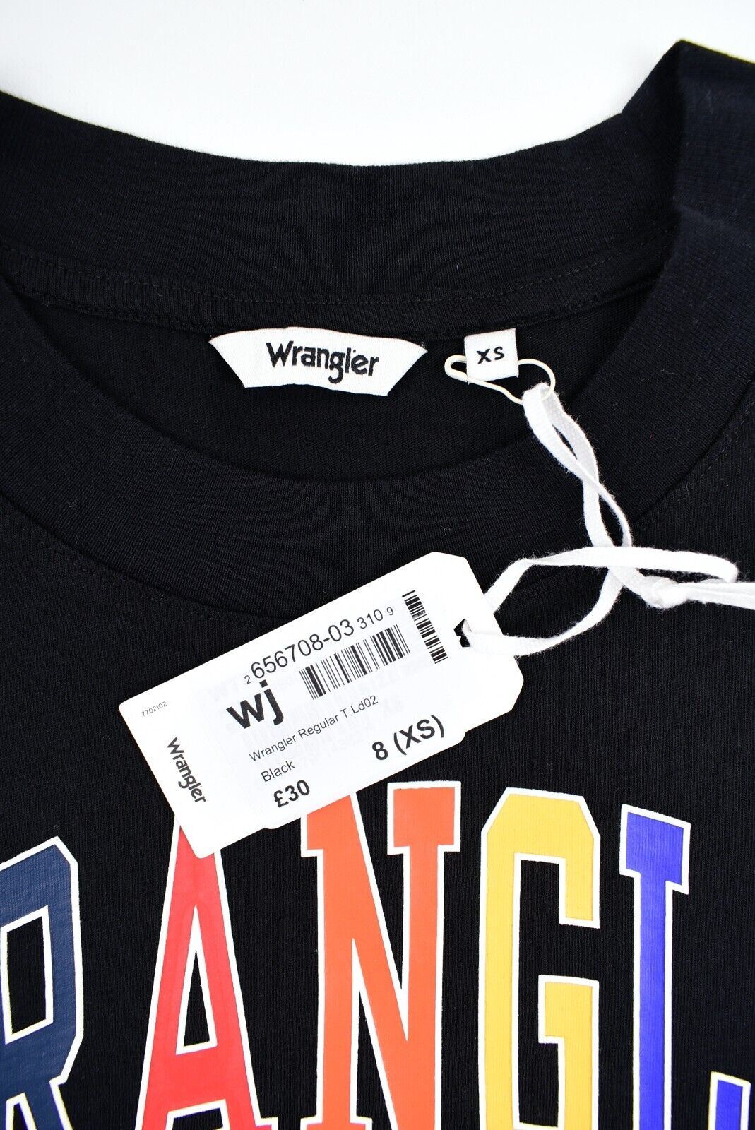 WRANGLER Women's Crew Neck T-shirt, Black/with Multicoloured Logo, size XS /UK 8