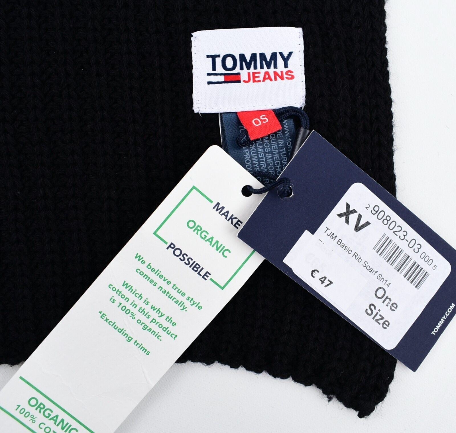 TOMMY JEANS by TOMMY HILFIGER Rib Knit Scarf, 100% ORGANIC COTTON, Unisex, Black