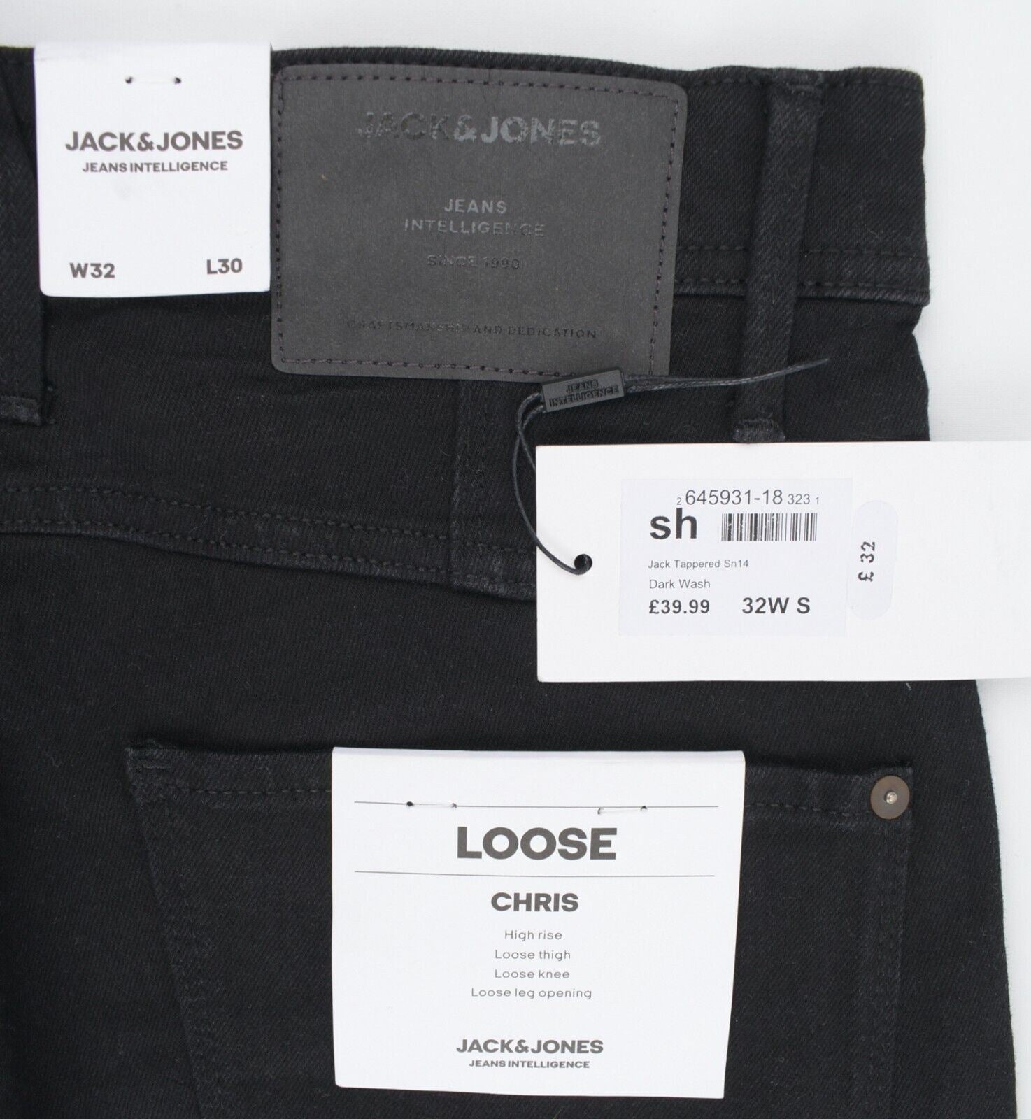 JACK & JONES Men's CHRIS Loose Fit High Rise Denim Jeans, Black, size W32 L30