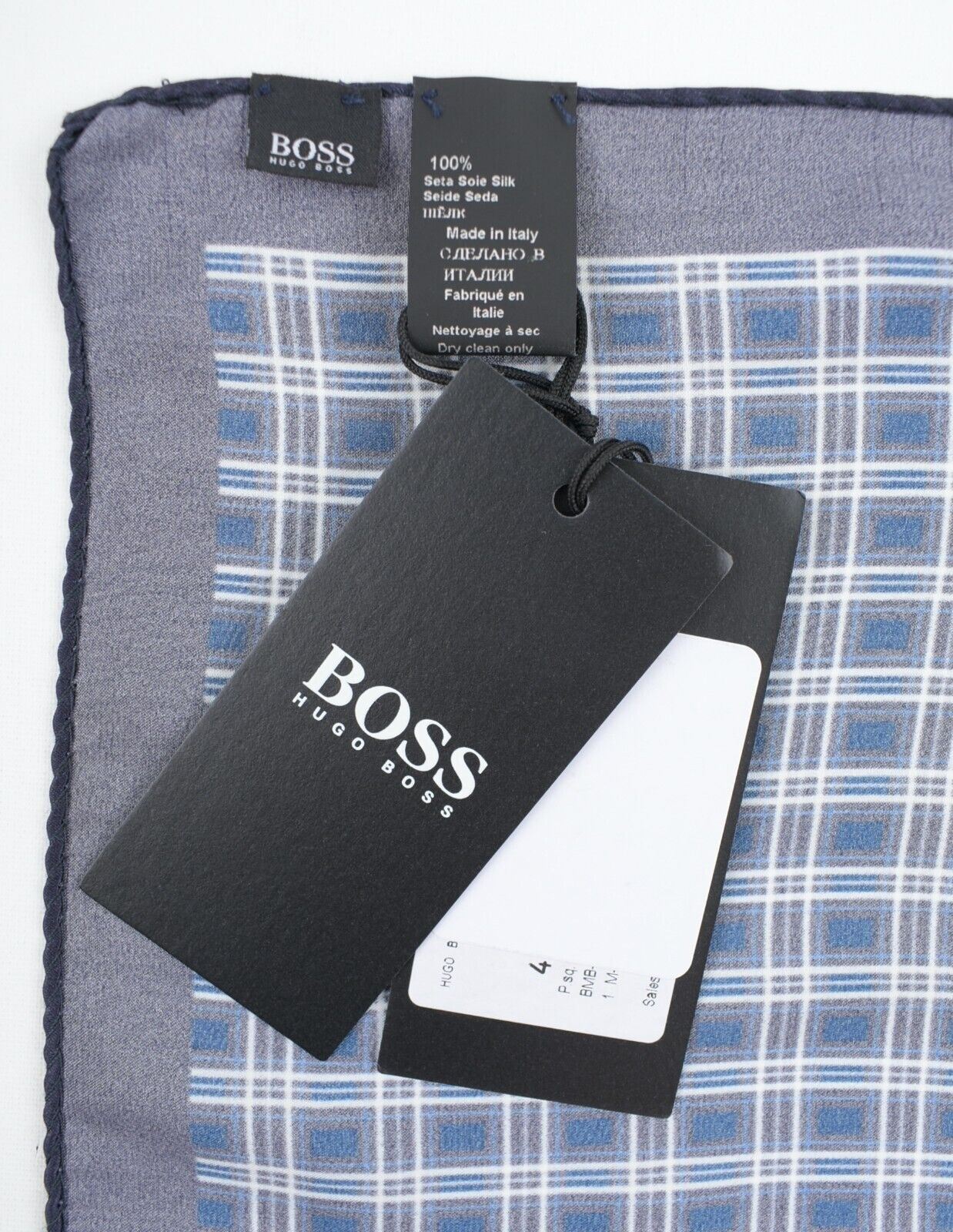 HUGO BOSS Pocket Square /Rolled Scarf , 100% SILK, Navy Blue Checked, 33x33cm