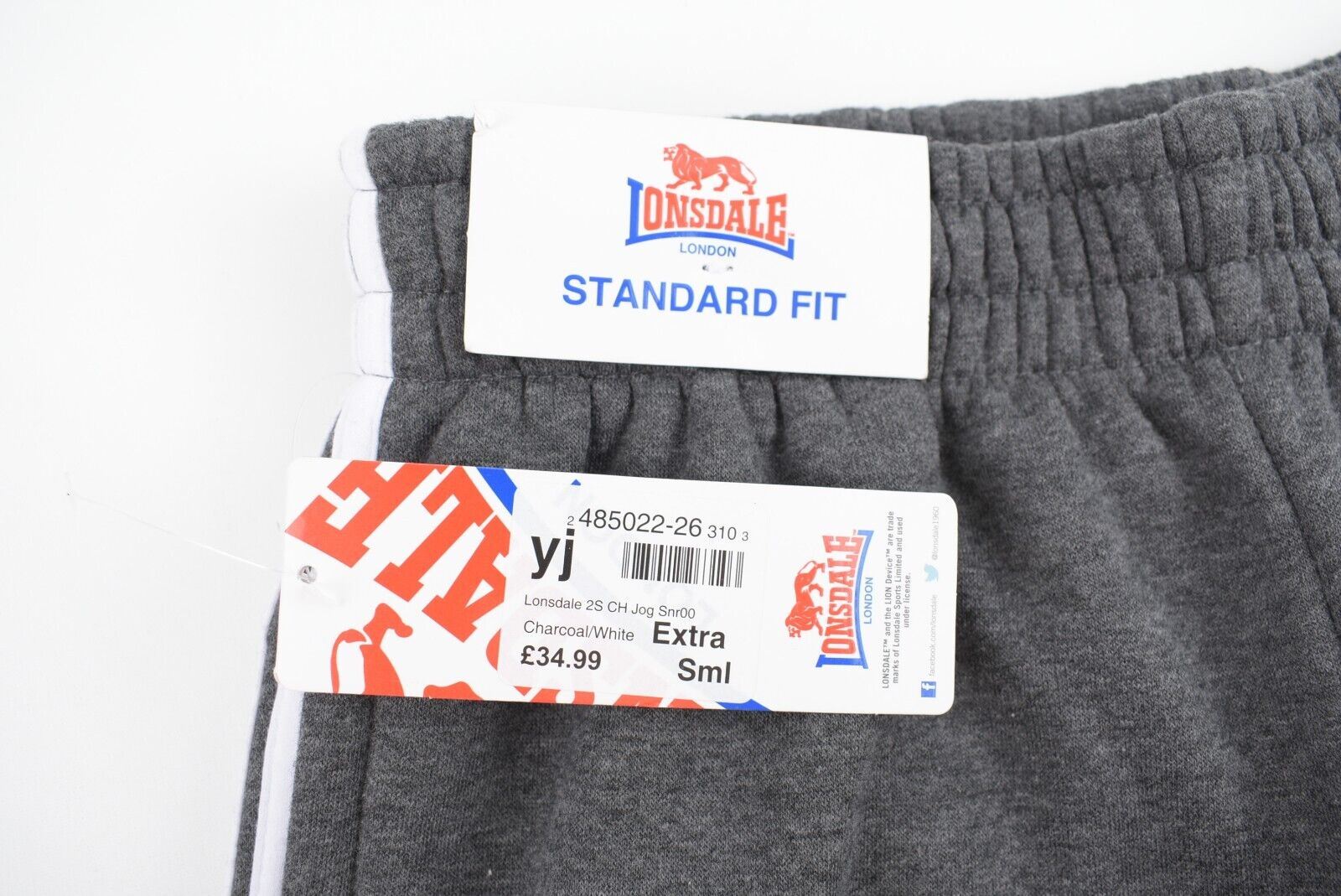 LONSDALE Men's Standard Fit Joggers, Cuffed Leg, Charcoal Grey/White, size XS