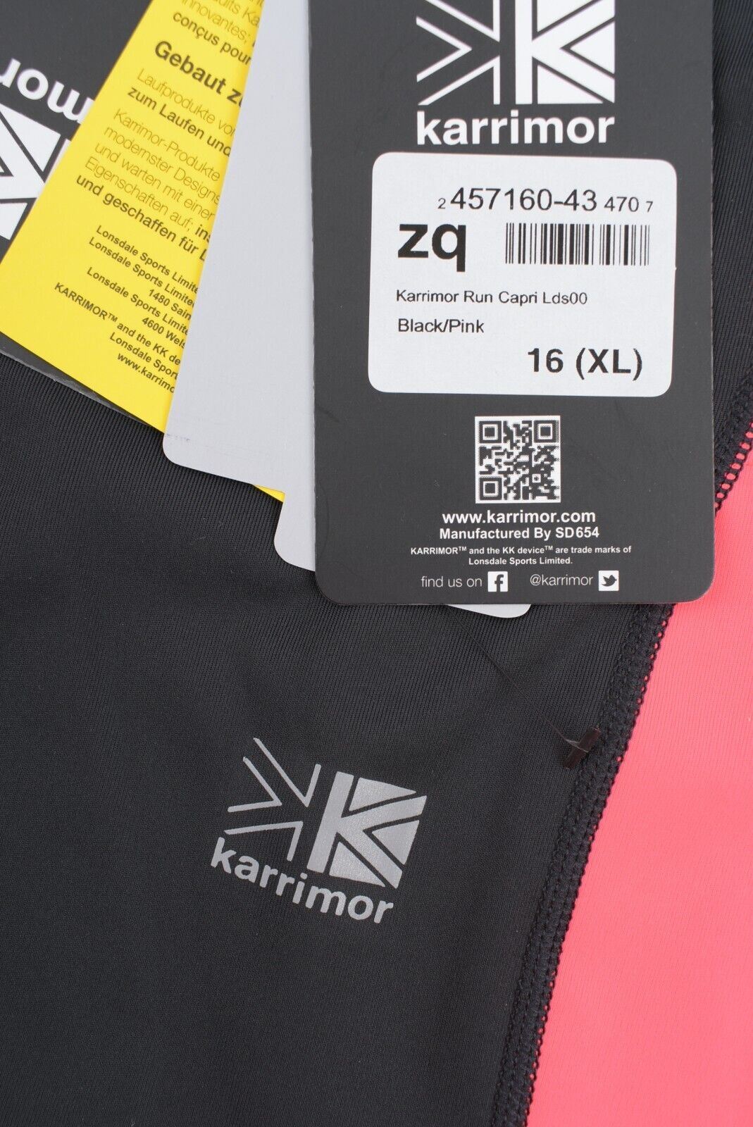 KARRIMOR Womens Running Capri Leggings, Black/Fluo Pink, size XL /UK 16