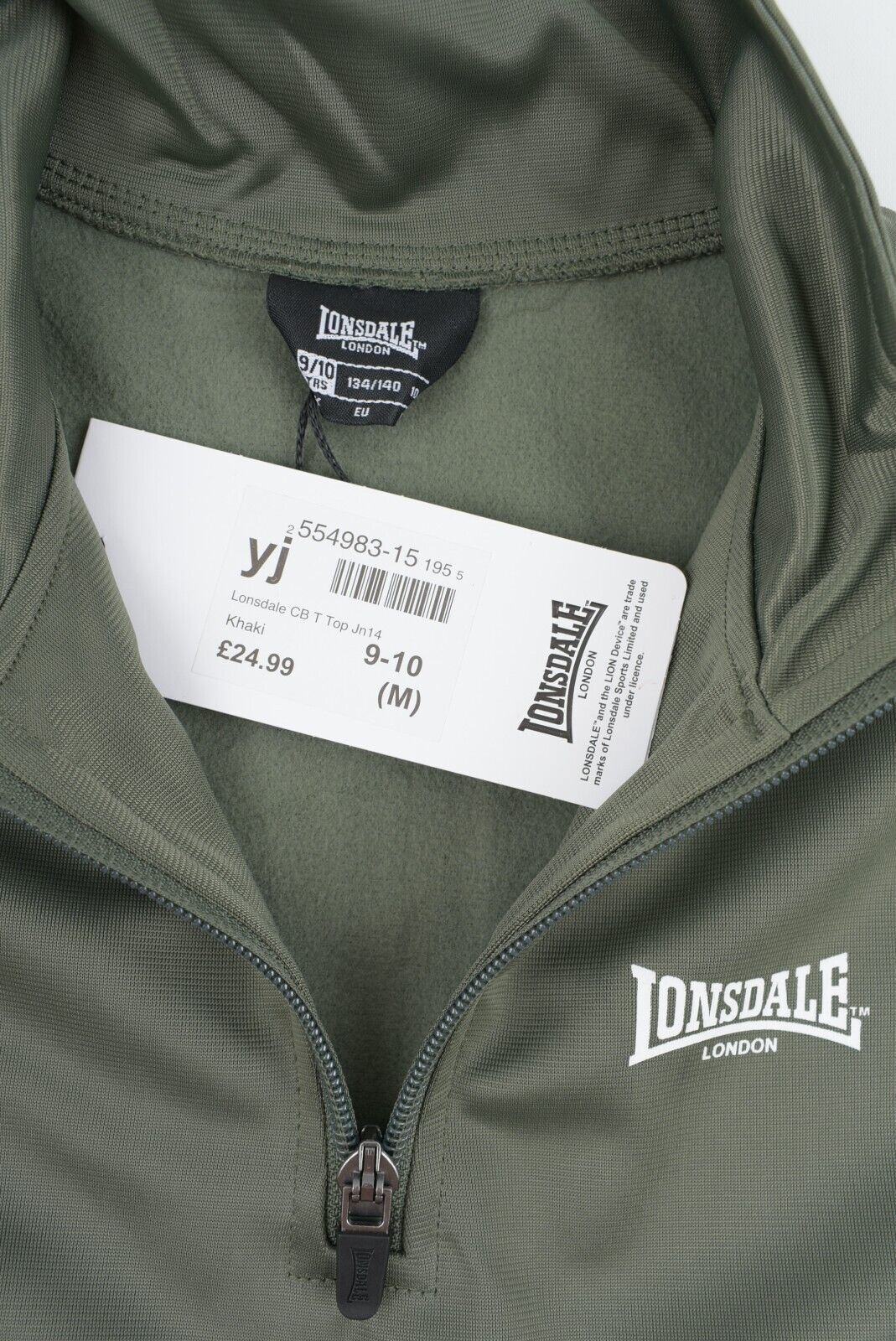 LONSDALE Kids' 1/3 Zip Sweatshirt Top, Khaki Green, size 9-10 years