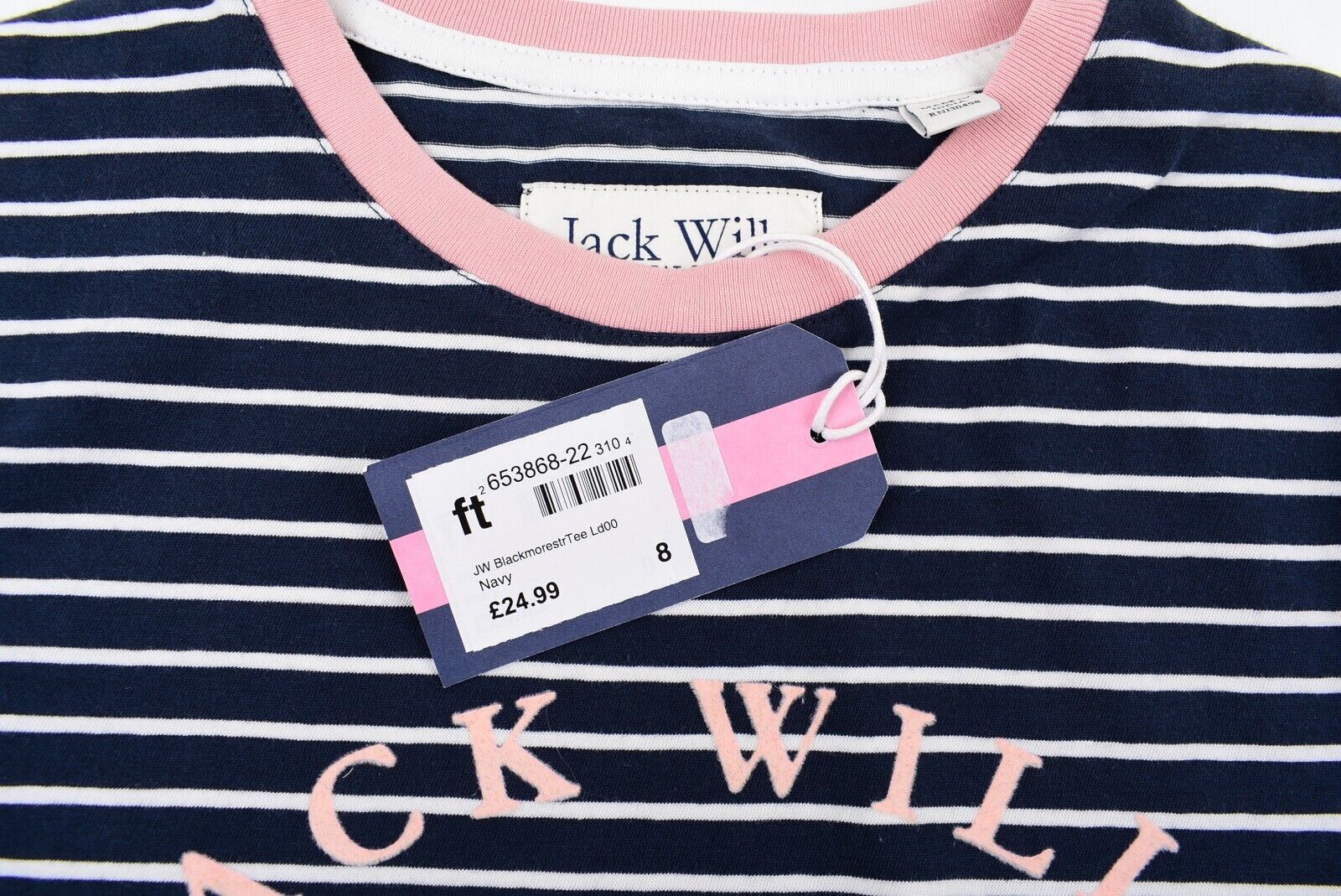 JACK WILLS Womens Short Sleeve Striped T-shirt, Blue/White/Pink, size UK 8