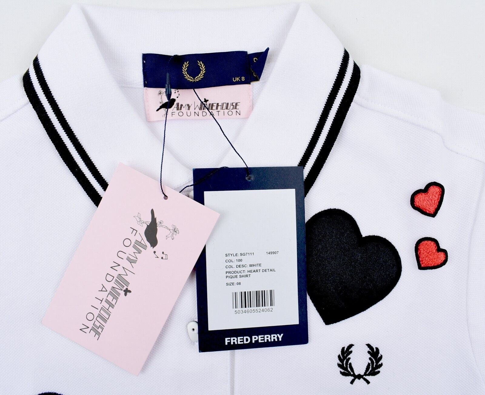 FRED PERRY x AMY WINEHOUSE FOUNDATION Womens Heart Polo Shirt, White, size UK 8