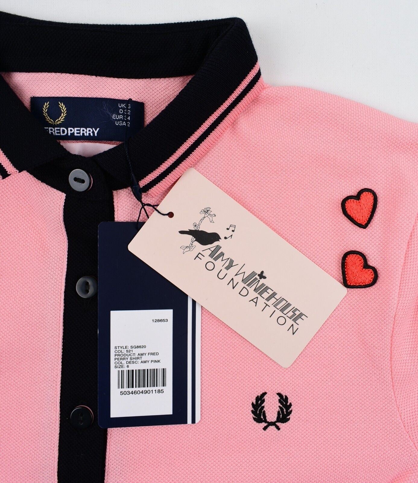FRED PERRY x AMY WINEHOUSE FOUNDATION Womens Heart Polo Shirt , Pink, size UK 6
