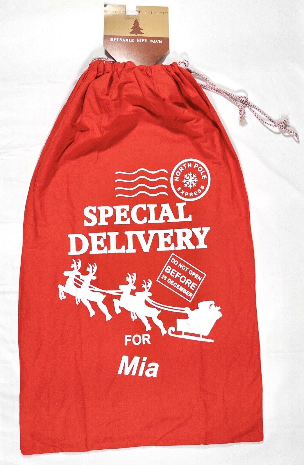 Reusable Gift Sack Kids Girls Stocking Red Special Delivery for Mia Large sack