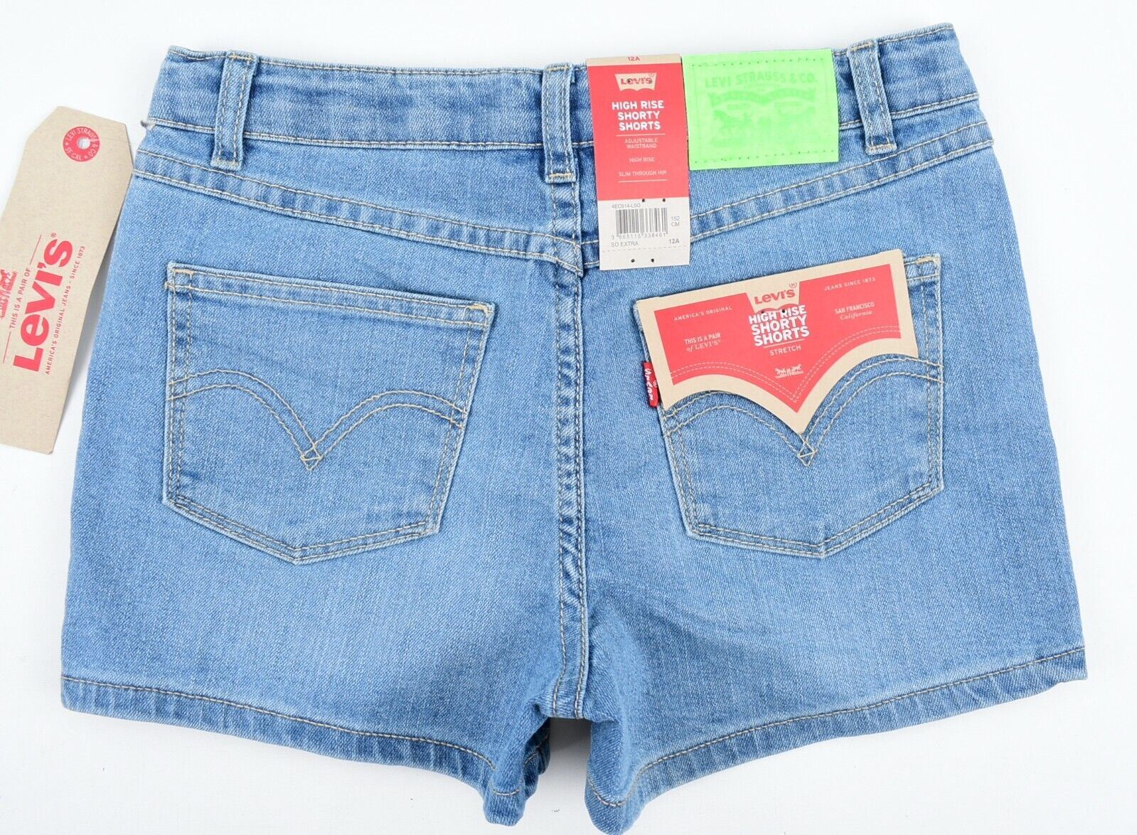 LEVIS Girls Kids High Rise SHORTY Shorts, Stretch Denim, Blue, size 12 years