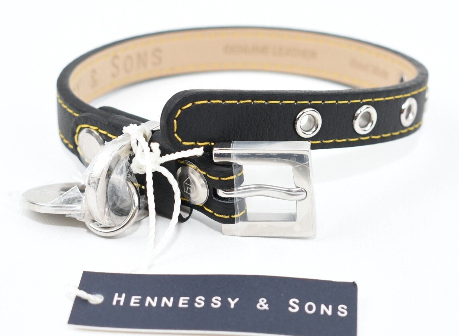 HENNESSY & SONS Dog Collar, Genuine Leather, Black/Yellow, size SMALL (20-30cm)