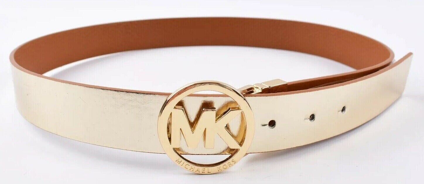 MICHAEL KORS Womens Gold Buckle Reversible Belt, Tan/Gold, size L