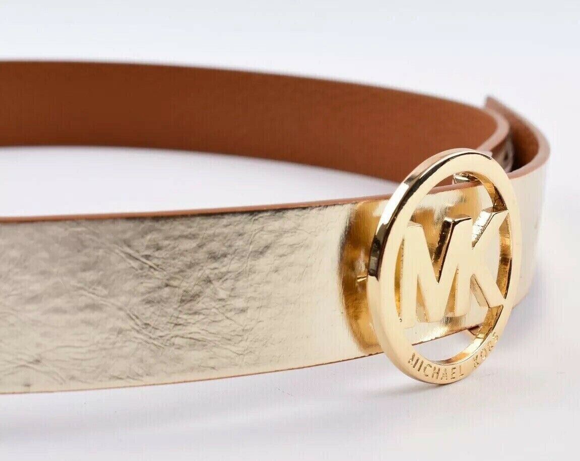 MICHAEL KORS Womens Gold Buckle Reversible Belt, Tan/Gold, size L