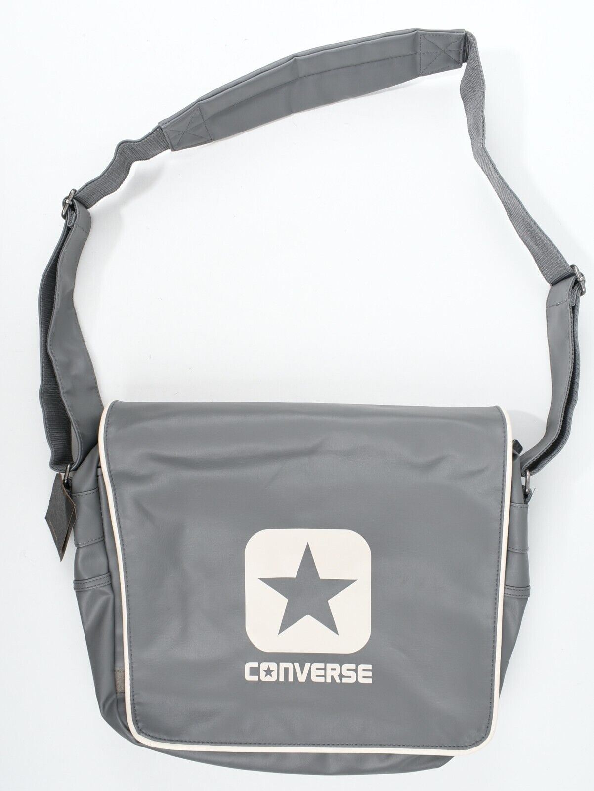 CONVERSE Flap Reporter Messenger Bag, Faux Leather, Charcoal Grey/Ivory