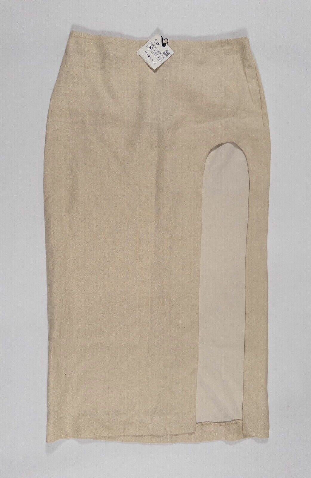 ZARA Women's Midi Maxi Linen Skirt with slit Cream Size Medium