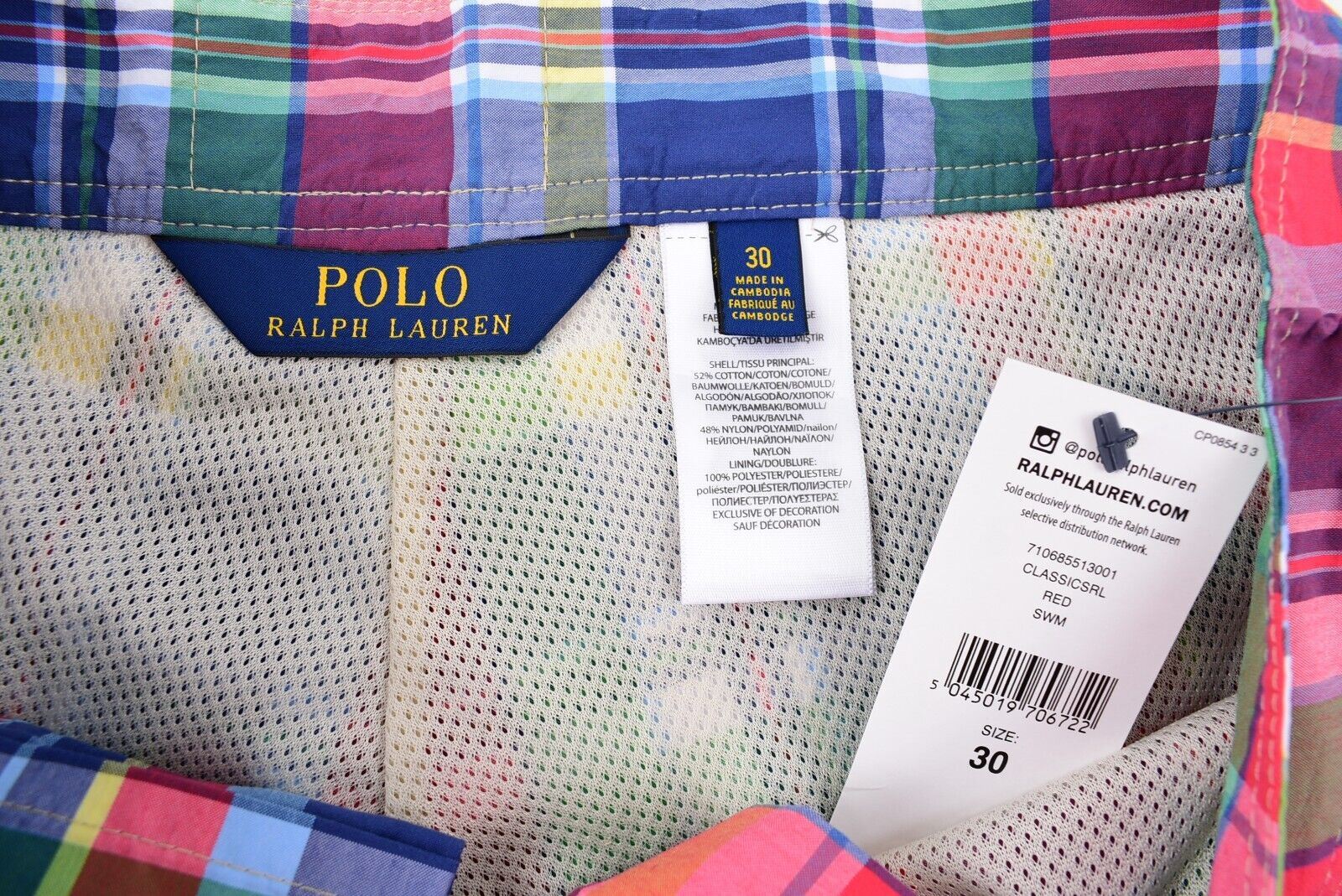 POLO RALPH LAUREN Mens Swim Shorts, Red/Multi/Check, size W30