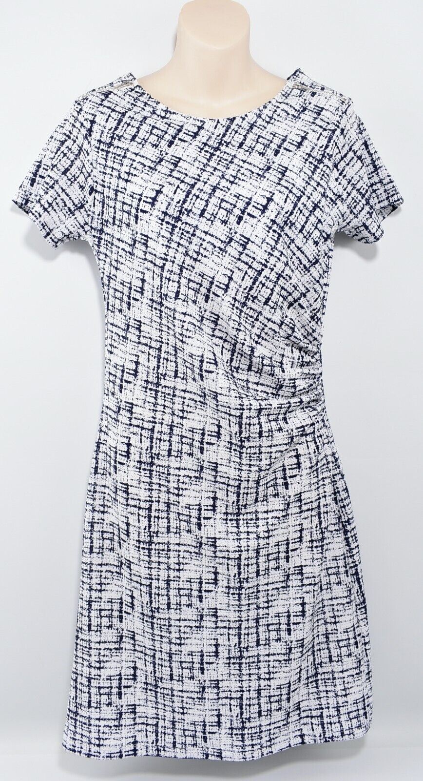 SMASHED LEMON Womens Short Sleeve Abstract Print Dress, White/Navy, size UK 16