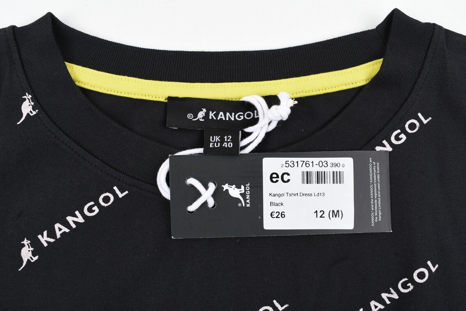 KANGOL Womens T-shirt Dress, Sneaker Dress, Black/White Logo Print size M /UK 12