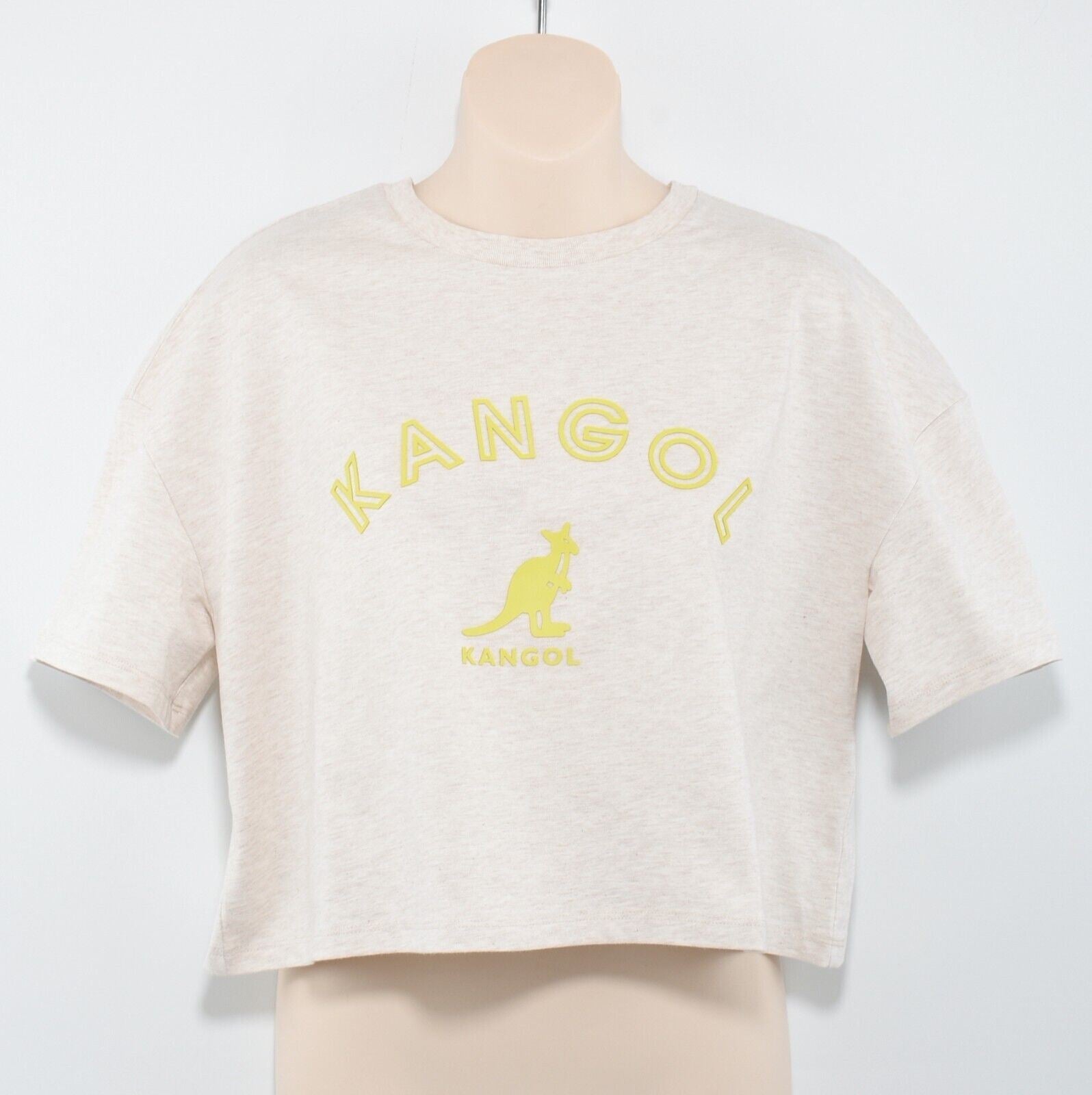 KANGOL Womens Cropped Boxy T-shirt Top, Oatmeal/Green Logo, size S /UK 10