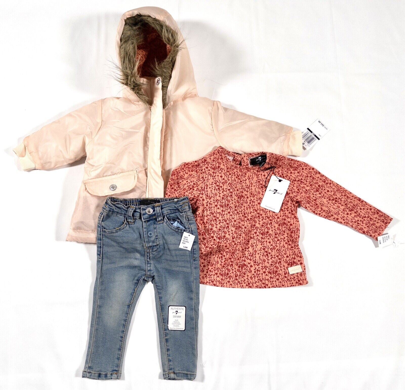 7 FOR ALL MANKIND Infant Girls 3 piece set Pink Coat Top Jeans Size UK 12 Months