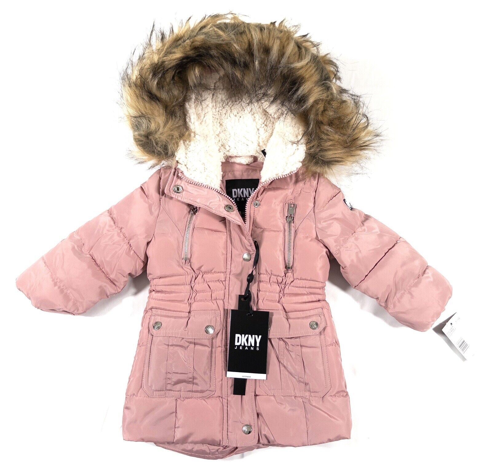 DKNY JEANS Infant Girls Pink Mid Length Coat Hooded Size UK 24 Months