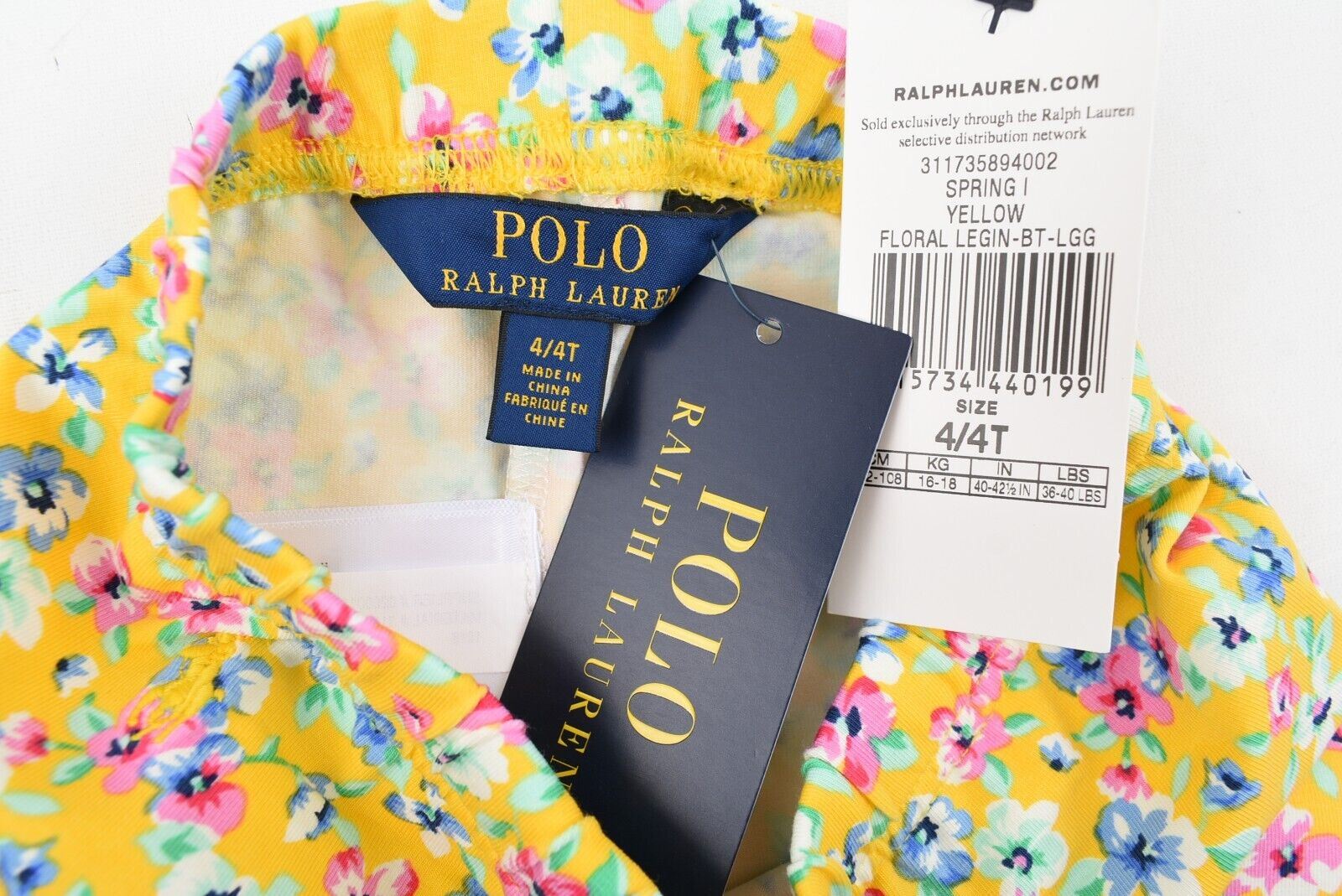 POLO RALPH LAUREN Girls Floral Print Cotton Leggings, Spring Yellow size 4 years