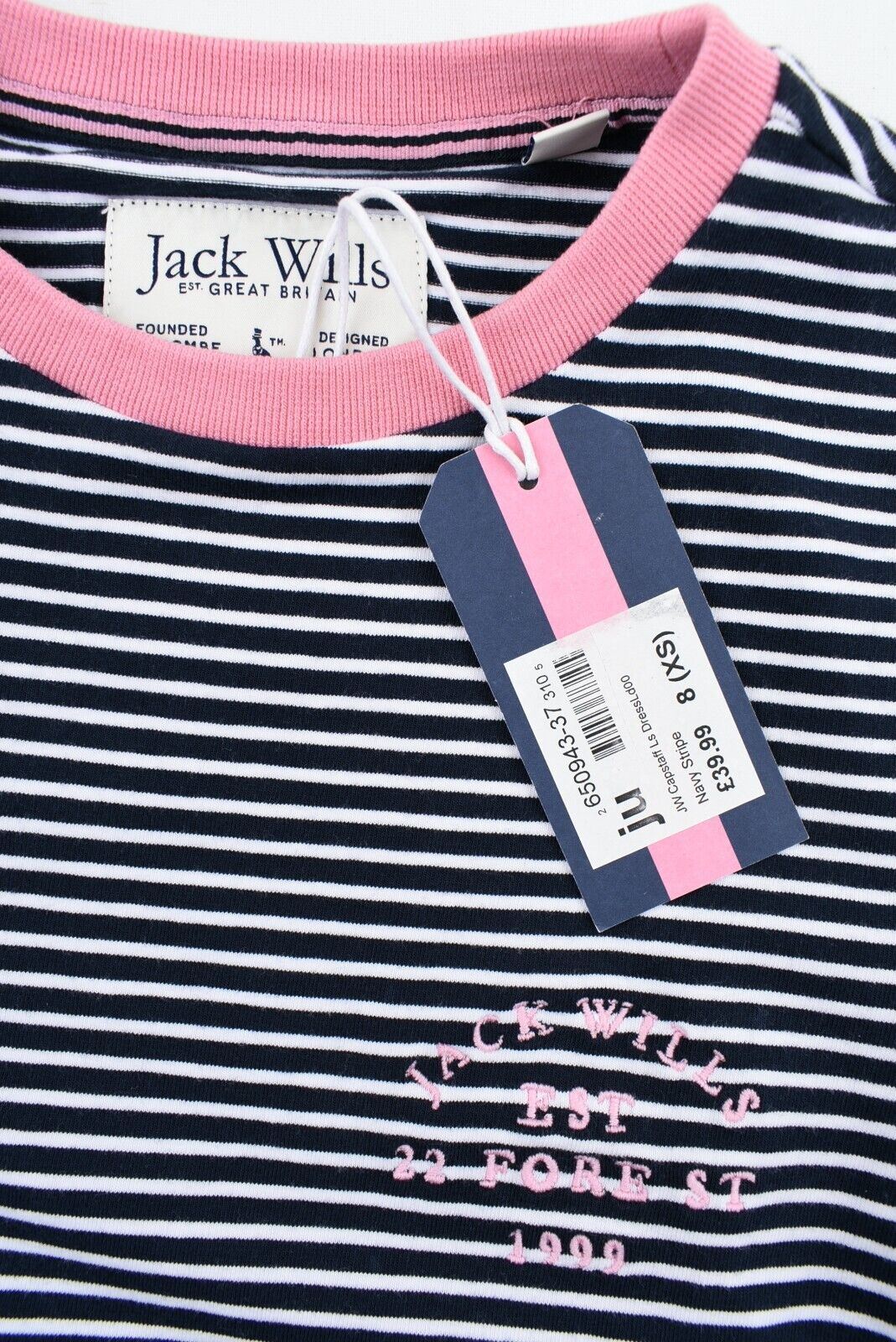 JACK WILLS Womens Long Sleeve Sneaker Dress, White/Navy Blue Striped, size UK 8