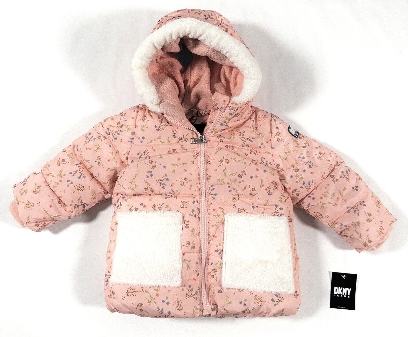 DKNY JEANS Baby Girl Pink Floral Coat Hooded Size UK 18 Months