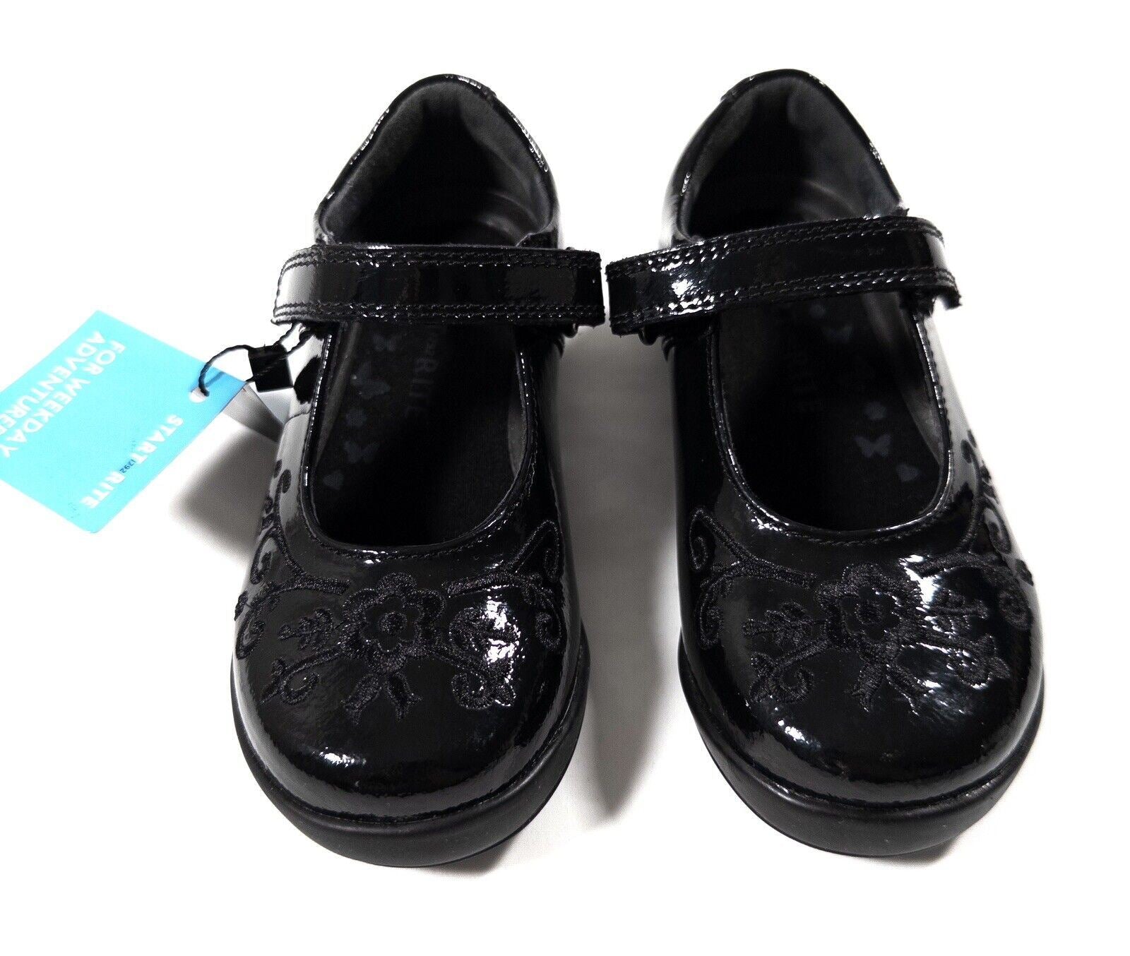 START RITE Kids Girls Black Patent School Shoes Floral Design Size UK 7 F