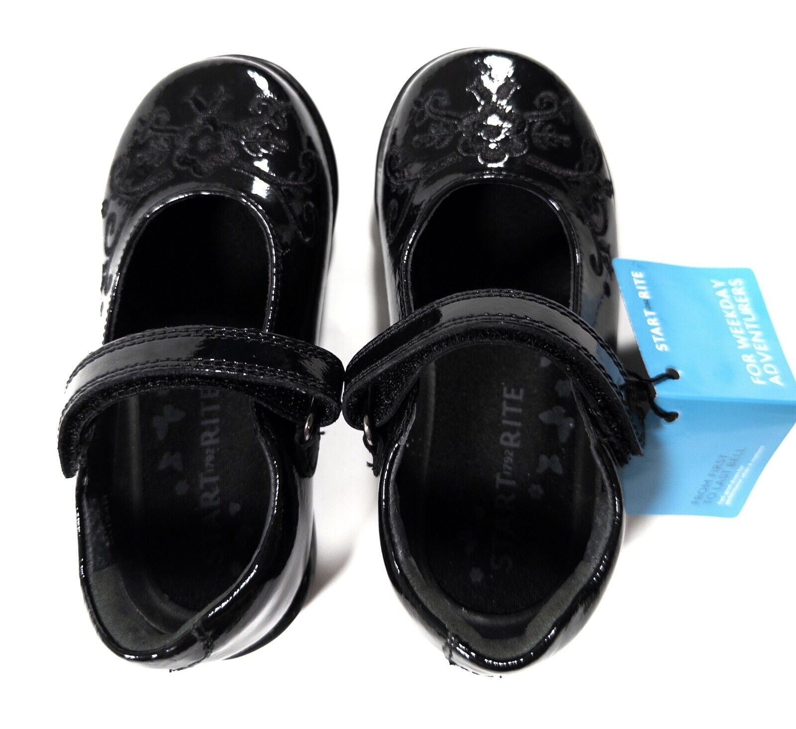 START RITE Kids Girls Black Patent School Shoes Floral Design Size UK 7 F