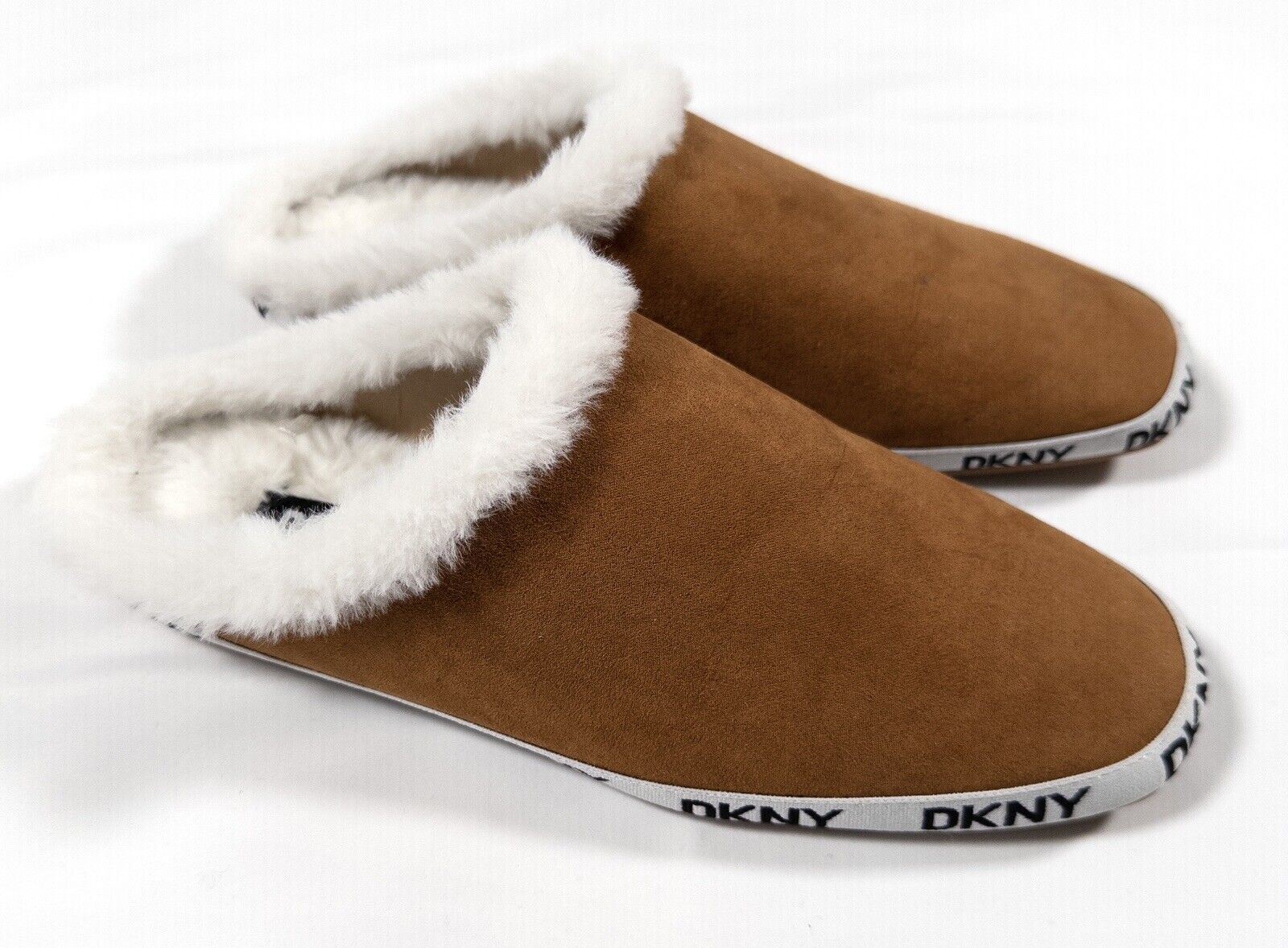 DKNY Womens Brown Mules Flat Faux Fur Lining Square Toe Size UK 5