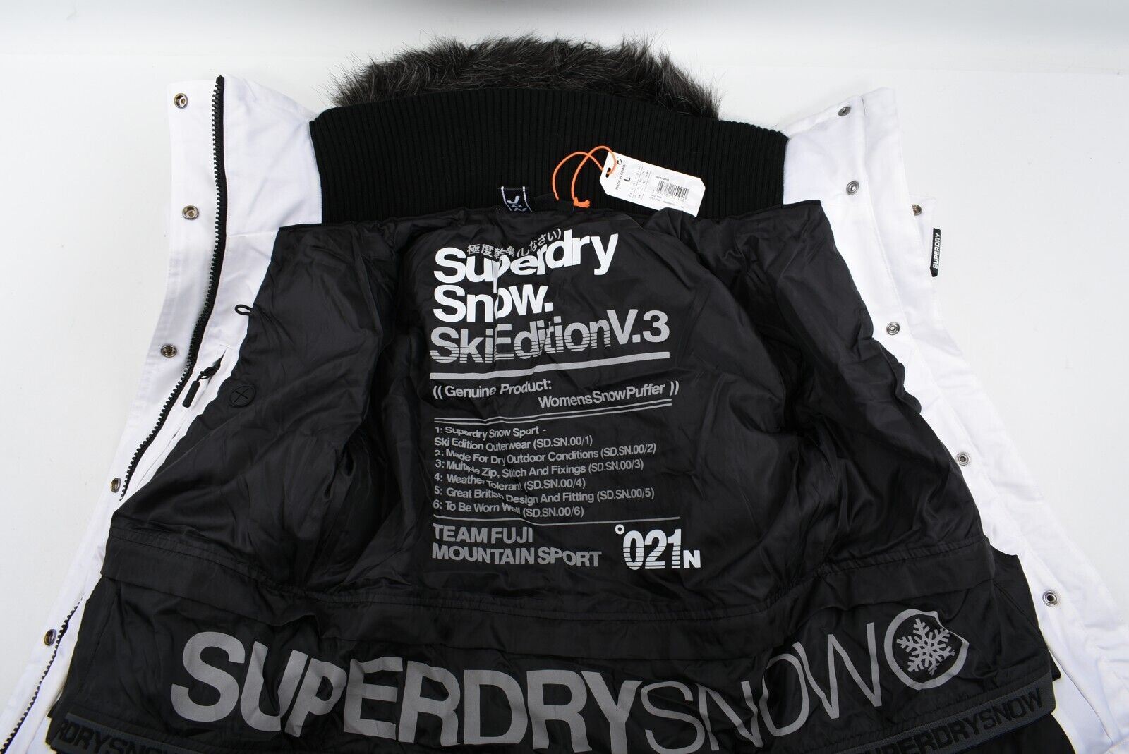 SUPERDRY Womens Ski Jacket, Snow Puffer, White & Black, size L / UK 14