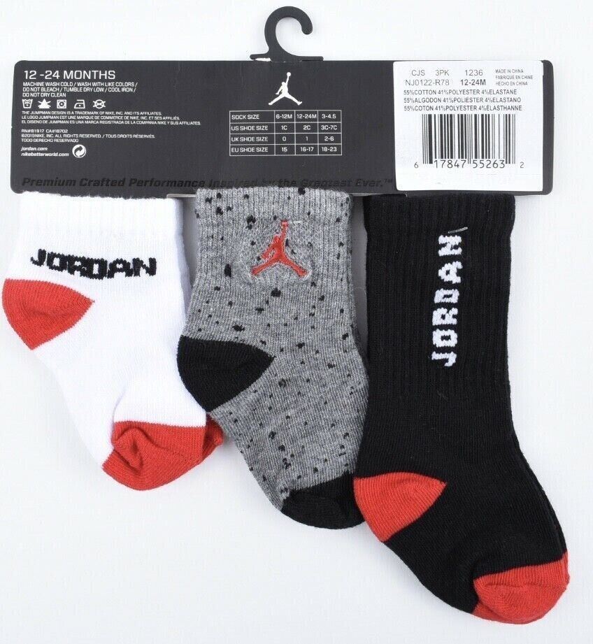 NIKE AIR JORDAN Baby Boys 3pk Socks, 3 different lengths, size 12-24 months